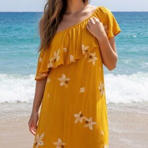 One-Shoulder Yellow Floral Crinkle Fabric Sundress